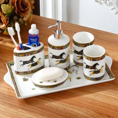 6 Pieces Set E Керамические аксессуары для ванной комнаты, набор дозаторов для мыла, держатель для зубной щетки, чашки для полоскания, мыльница с подносом, 6 шт. в комплекте, свадебные подарки - Цвет: 6 Pieces Set E