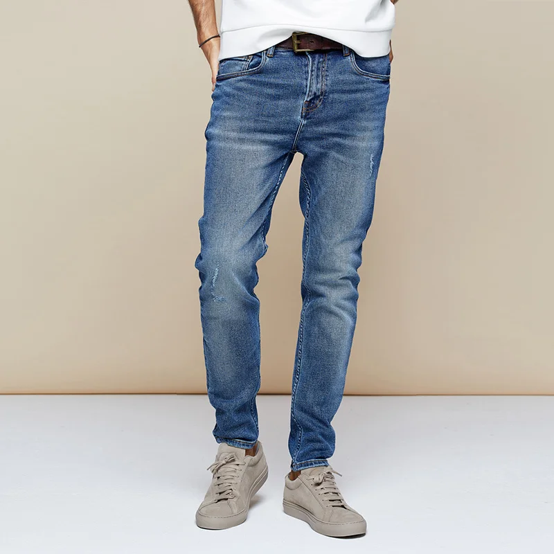 KUEGOU осенние хлопковые синие потертые обтягивающие джинсы для мужчин, уличная одежда, брендовые облегающие джинсовые штаны для мужчин, Стрейчевые брюки 2958 - Цвет: Blue