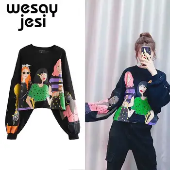 

Autumn hoodies women sweatshirt casual style cartoon girl printing oversize hooded famale sweatshirt women pullovers top