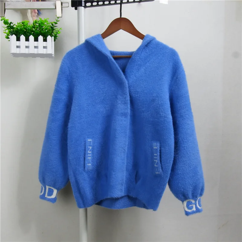 D00800 blue Осенне-зимняя Светодиодная лампа направленного света, пальто с капюшоном, свитер для женщин, модный принт, повседневные норковые свитера, Толстая теплая верхняя одежда для женщин - Цвет: D00800 blue