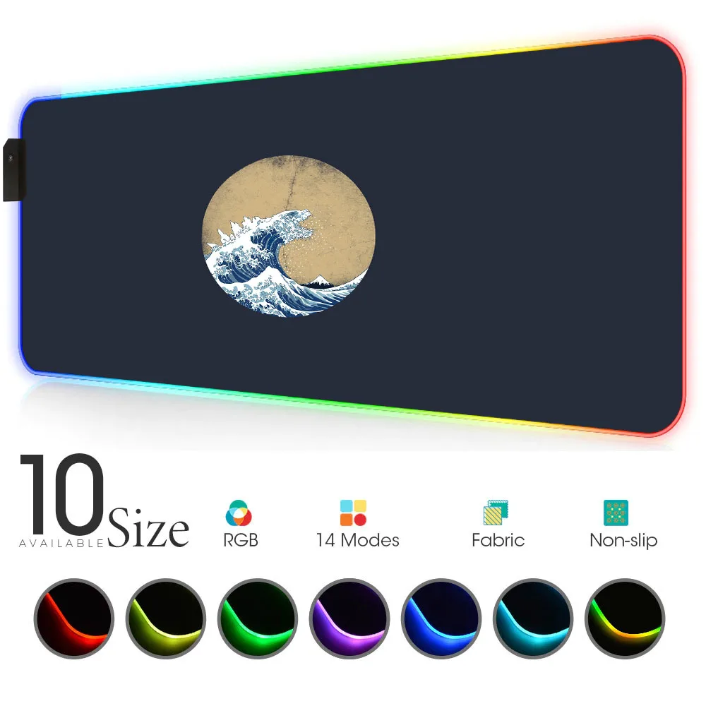 

Minimalist great wave off kanagawa RGB Mouse Pad Black Gamer Accessories LED MousePad Large Gaming Desk Mat with Backlit pads