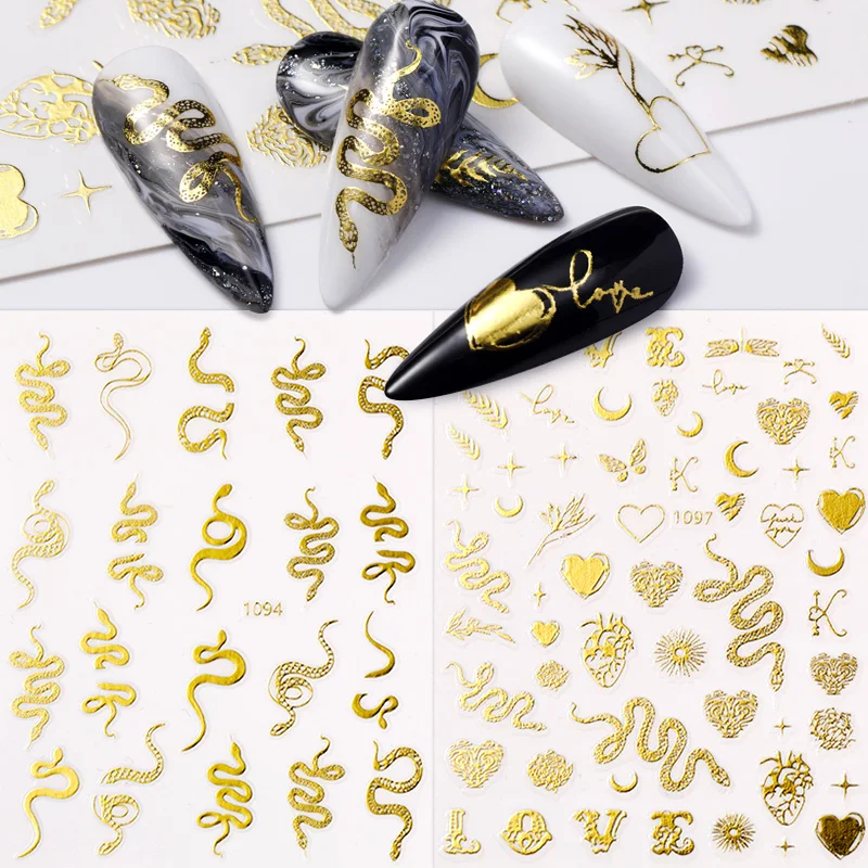 1PC Colorful Bronzing Snake Heart 3D Nail Art Stickers Gold Dragon Transfer Sliders Paper For Nails DIY Manicures Decorations | Красота и