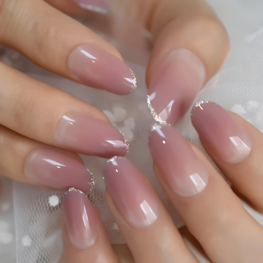 Short Ombre Pink Gradient French Press On Fake Nail Tips Shimmer Glitter Oval Round Full Cover Faux Ongles Daily Wear Fake Nails False Nails Aliexpress