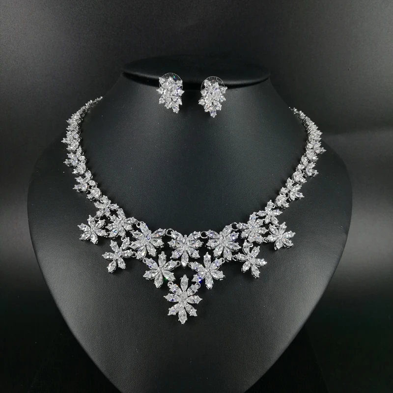 

2019 new fashion vintage luxury flowers crystal CZ zircon necklace earrings wedding bride Banquet dressing jewelry set