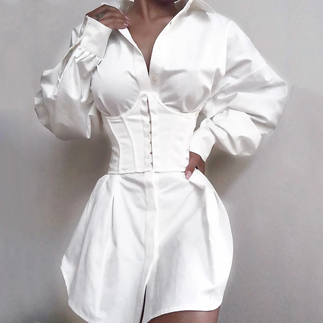 White Long Sleeve Underbust Corset Detail Shirt Dress