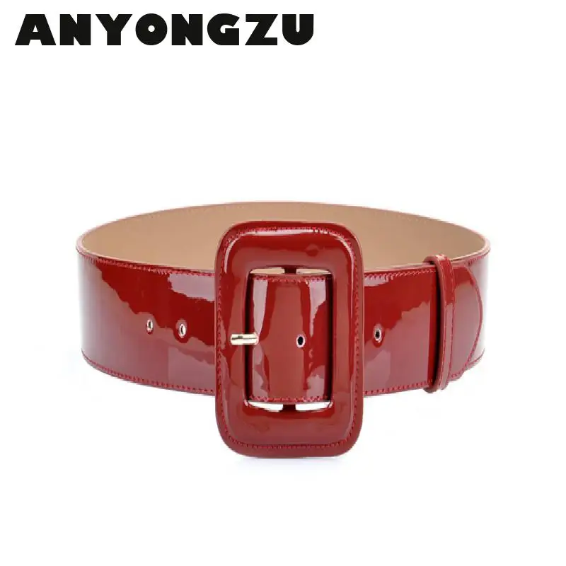 Leather Belt ANYONGZU Designers Brand Women Wide Genuine cowhide Belt bright Red black Woman Waist Belts Dresses 100CM*4.7CM