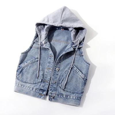 Smlinan Hooded Sleevless Denim Waistcoat Coat Women Spring Autumn Single Breasted Casual Vintage Streetwear Jacket Vest Female