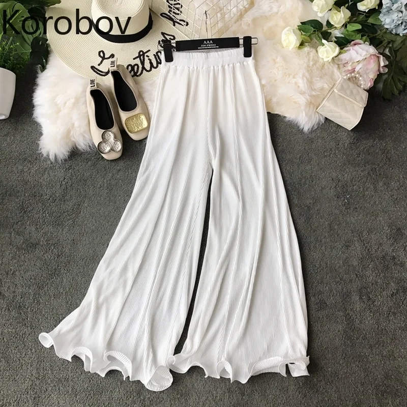 

Korobov Fashion Ruffles Casual Wide Leg Pants 2020 Spring Summer New High Waist Trousers Female Solid Chic Joggers Women