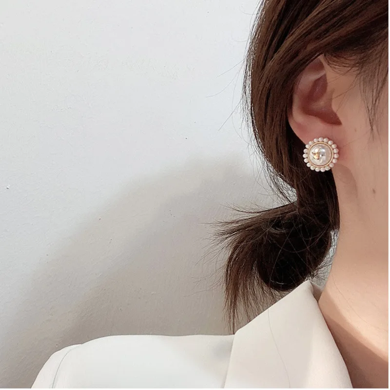 

Korea Women Ear Ring Geometric Round Five-pointed Star Pearl Earrings 925 Silver Pin Baroque Vintage Wedding Jewelery Party Gift