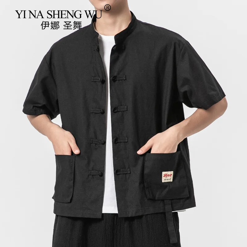 

Old Tang Clothes Summer New Chinese Style Cotton Hemp Japanese Stand Collar Pan Buckle Men's Work Clotthes Short Sleeve Shirt