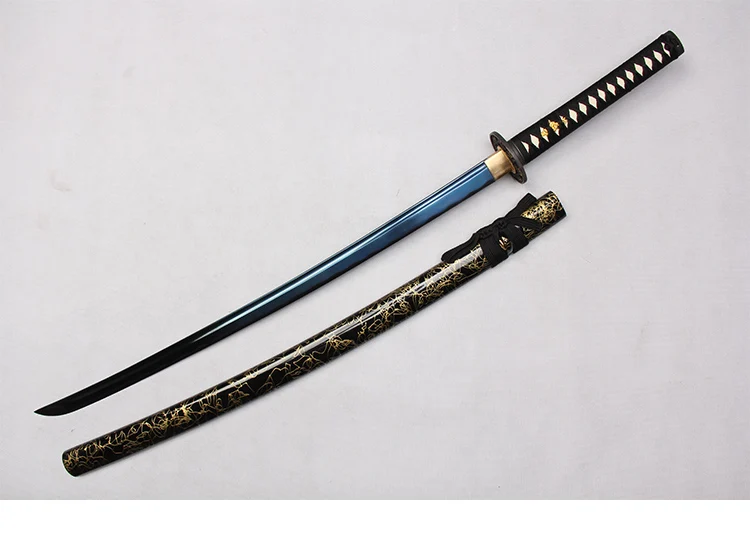 Настоящие Самурайские Espadas Катана японские мечи цвет balde 1045 углеродистая сталь ручной работы острый край TSUBA Черная оболочка золотой узор - Цвет: Blue blade