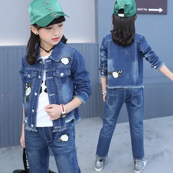 

Autumn Girls Clothes Modern Denim Kids Cowgirl Outfit Embroidered Flower Dark Blue Denim Jacket Single Coat