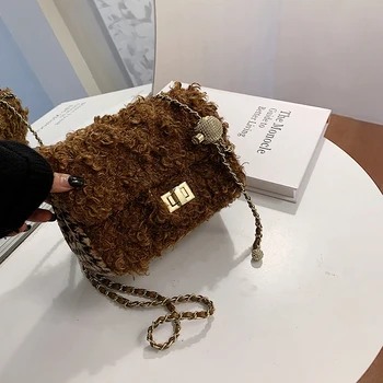 

Women's Bag New 2020 Winter Soft Wool Shoulder Bags with Chain Turn Lock Anti Theft Flap Cover Retro Fashion Bags for Women 2020