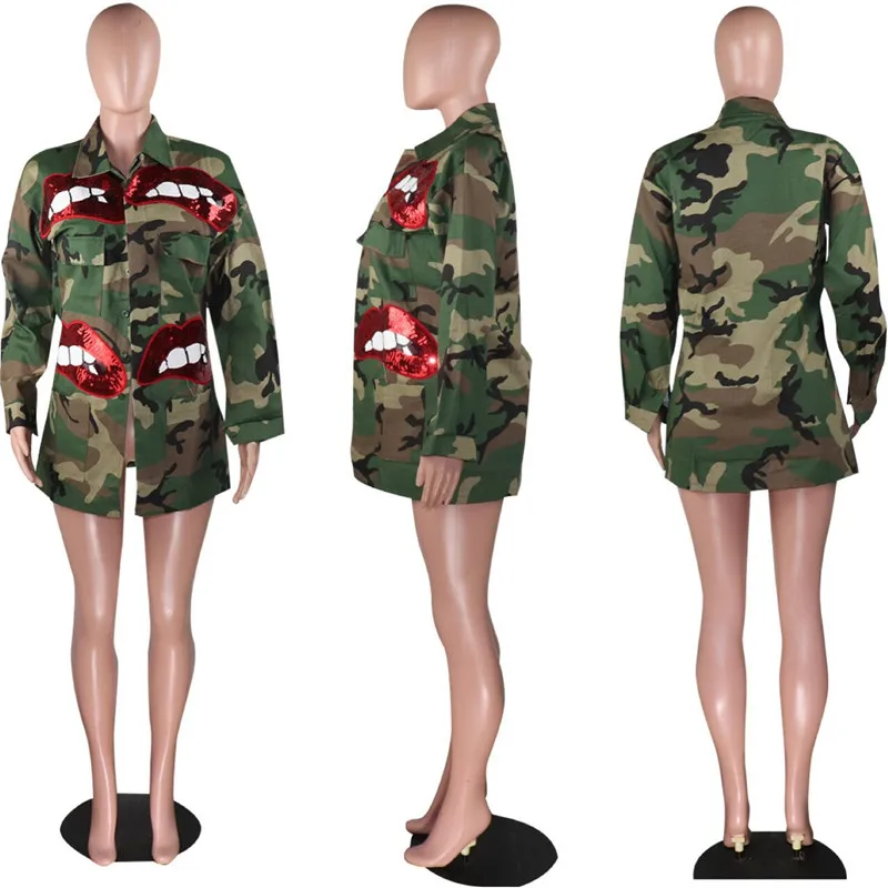 Осенне-зимняя камуфляжная куртка с блестками и рисунком губ, Женская куртка с высоким воротником и карманами на пуговицах, военная тонкая уличная одежда, повседневная верхняя одежда