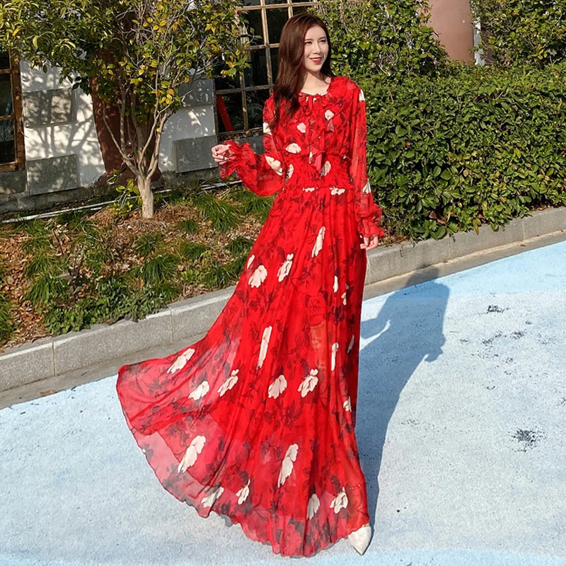 

Fashion Designer Maxi Dress 4XL Plus size Women Long Sleeve Boho Colorful Flower Print Casual Long Dress Holiday Beach Sundress