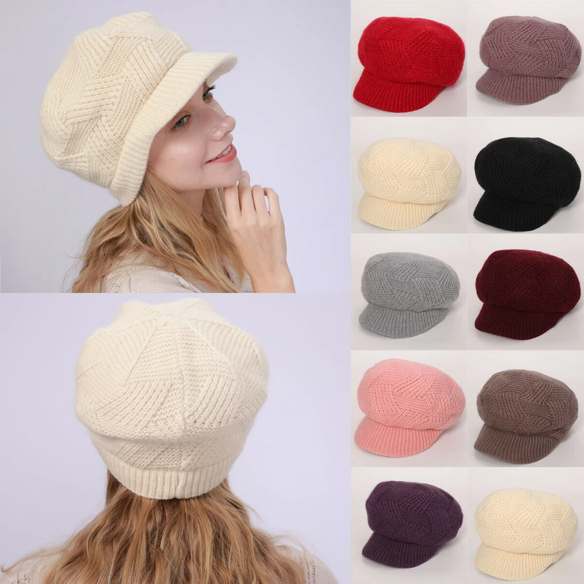 Womens Girl Beret Hat Casual Warm Knit Hair Short Brim Fall Winter Snow Cap Fashion Slouchy Baggy Knitted Beanie Hats NEW