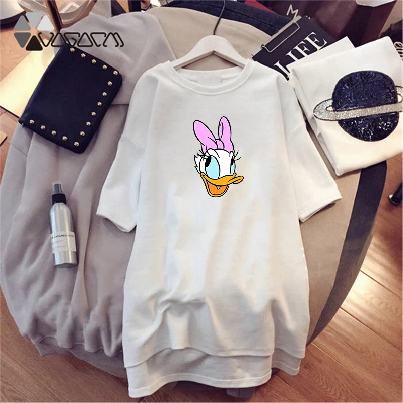 

2019 Summer Plus Size Dress Women Donald Duck Print White Short Sleeve Casual Loose Mini Dresses Clothes Vestidos Office 4XL
