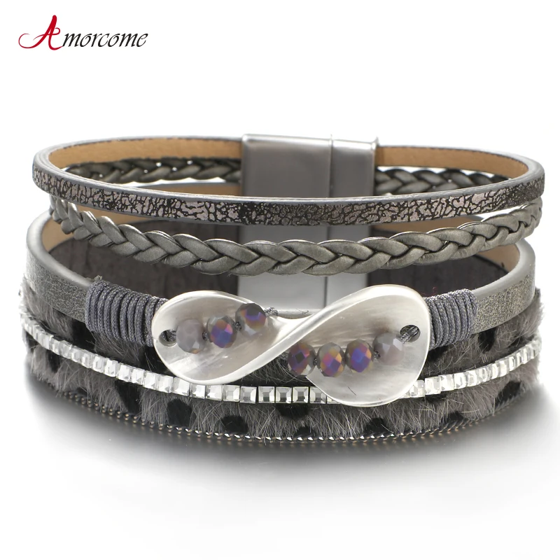 

Amorcome Leopard Leather Bracelets for Women Fashion Jewelry Mulitlayer Wrap Wide Number Eight Bracelets & Bangles Femme