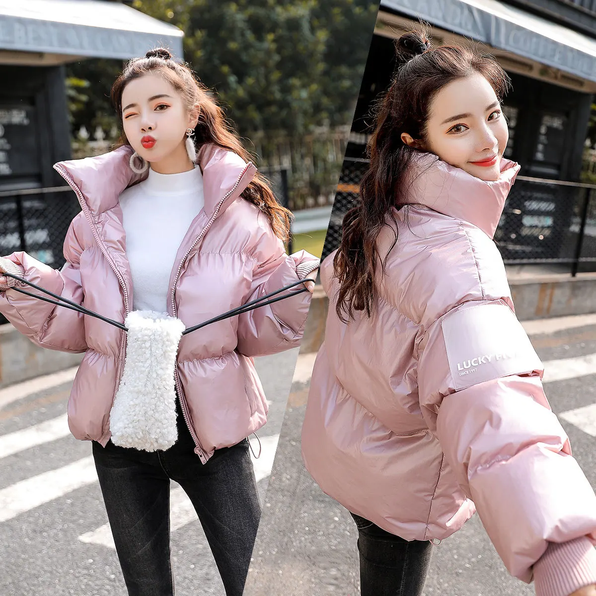 

Cotton-padded Clothes Solid Color Printed Letter Simple Zipper 2018 Winter Long Sleeve Convention High Collar Short Section
