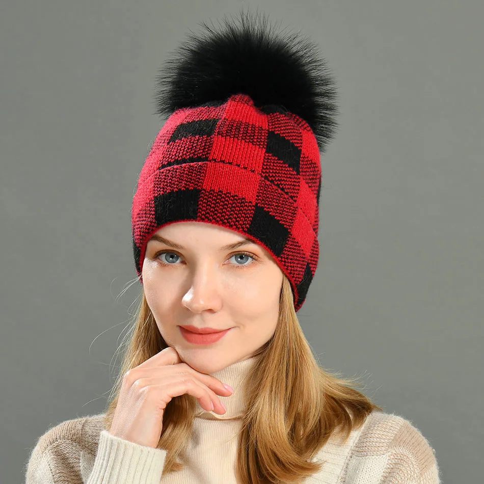 Women's Slouchy Beanie Hat With Fur Pompom - Buffalo Plaid Winter Ski Cap For Cold Weather