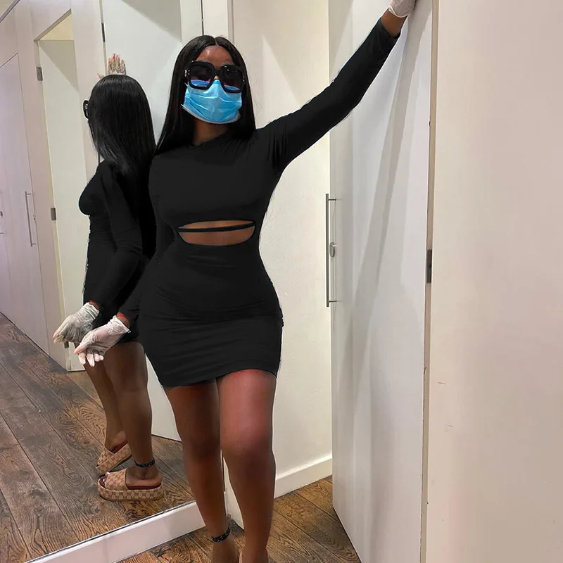 2020 Long Sleeve Cut Out Sexy Mini Dress Autumn Winter Women Fashion Streetwear Outfits Pure Club Wear