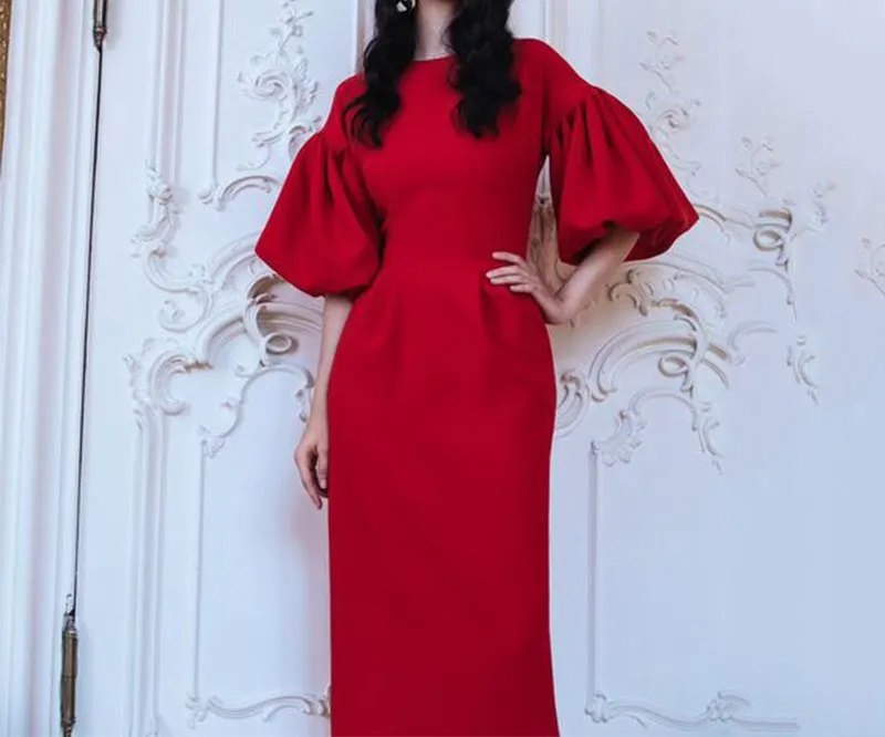 

Nice Summer Lady Office Puff Sleeve Solid Long Dress Vintage Elegant O-Neck Bodycon Maxi Dress High Waist Pockets Party Dress