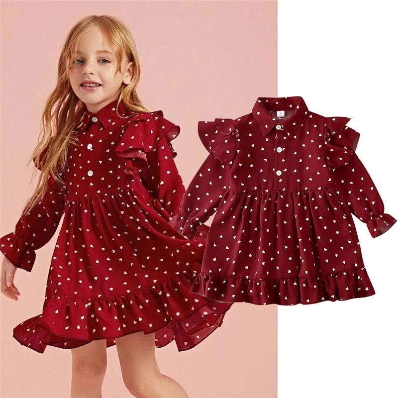 Children Spring Dresses Kids Baby Girls Long Sleeve Heart-shaped Print Cotton Red A-line Dress Summer for | Детская одежда и обувь