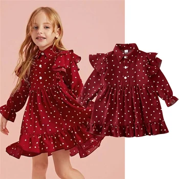 

Children Spring Dresses Kids Baby Girls Long Sleeve Heart-shaped Print Cotton Red A-line Dress Summer Dresses for Girls