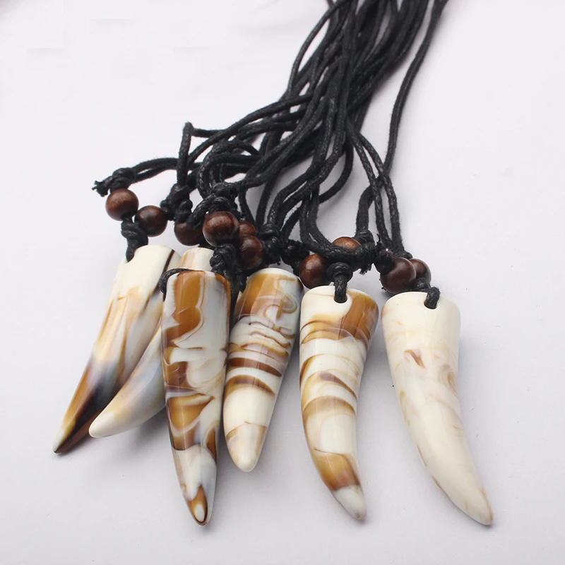 12pcs Fashion Resin Imitation Yak Bone Wolf Tooth Pendant Necklace Amulet Tooth Jewelry Adjustable Rope Gifts For Man Women