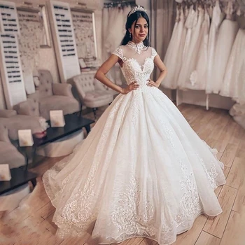 

2019 Vintage Ball Gown Wedding Dress High Neck Short Sleeve Princess Bride Dresses Wedding Bridal Gowns Robe de mariee