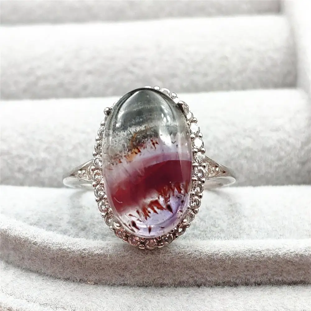 

Genuine Natural Canada Auralite 23 Cacoxenite Adjustable Ring 14x8mm Purple Red Oval 925 Sterling Silver Rutilated Quartz AAAAAA