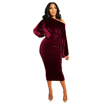 

Sexy Ladies Velvet Midi Pencil Dress Bubble Sleeve Slash Neck Slim Party Club Wear Spring New Suede Maxi Dresses