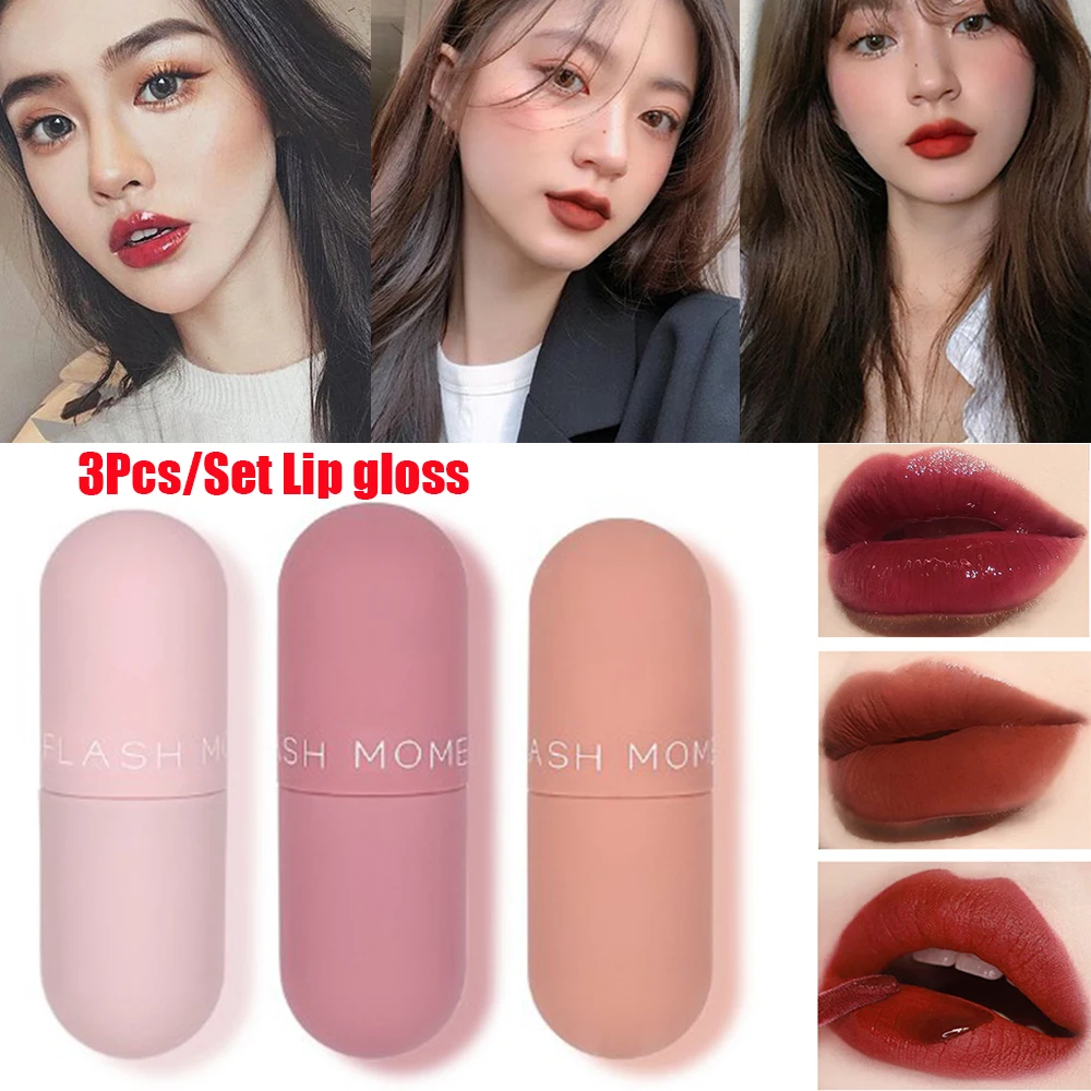 

3pcs Mini Capsules Shaped Lipstick Set Mirror Surface Lipgloss Tint Lasting Moisturizing Non-stick Cup Red Lip Gloss Cosmetic