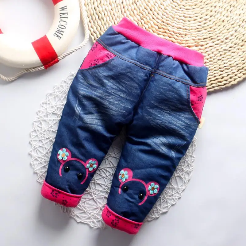 

2019 New Direct Selling Girl Clothes Baby Children's Jeans Mickey Embroidered Winter Thicken Warm Boy Cartoon Minnie Pants0-3y