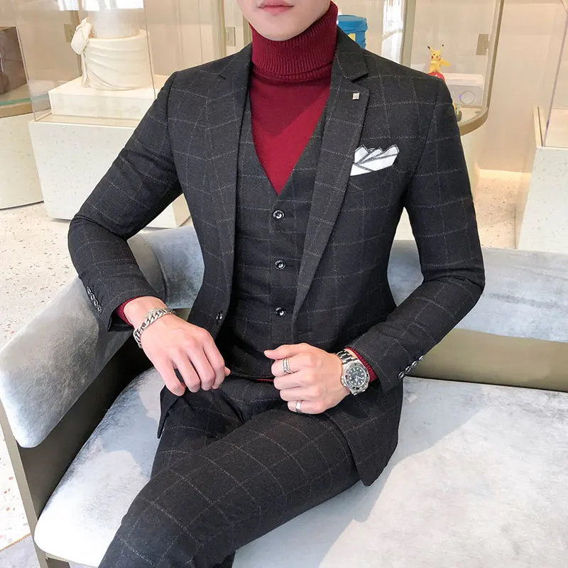 ( Jacket + Vest + Pants ) 2019 New Men's Fashion Boutique Plaid Wedding Dress Suit Three-piece Male Formal Business Casua