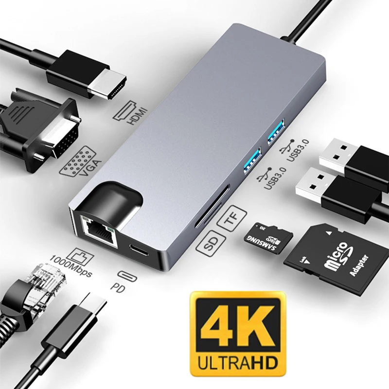 

Hub usb3.1 type-c to hdmi vga network card Docking station type c hdmi multi-port docking station for laptops with C interface
