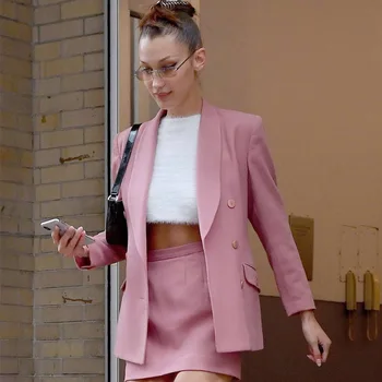 

Women two piece outfits autumn new fashion temperament commuter slim pink suit + high waist skirt fashion elegant suit