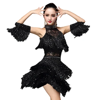 

Brand Hot Women Competition Dance Clothes Sequins Costume Set Fringe Salsa Dresses Latin Ballroom Dance Dress Embroidery