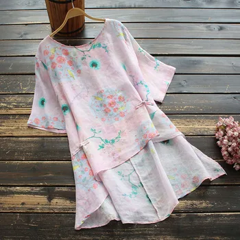 

New summer ramie irregular shirt tops short front and long back printed tops