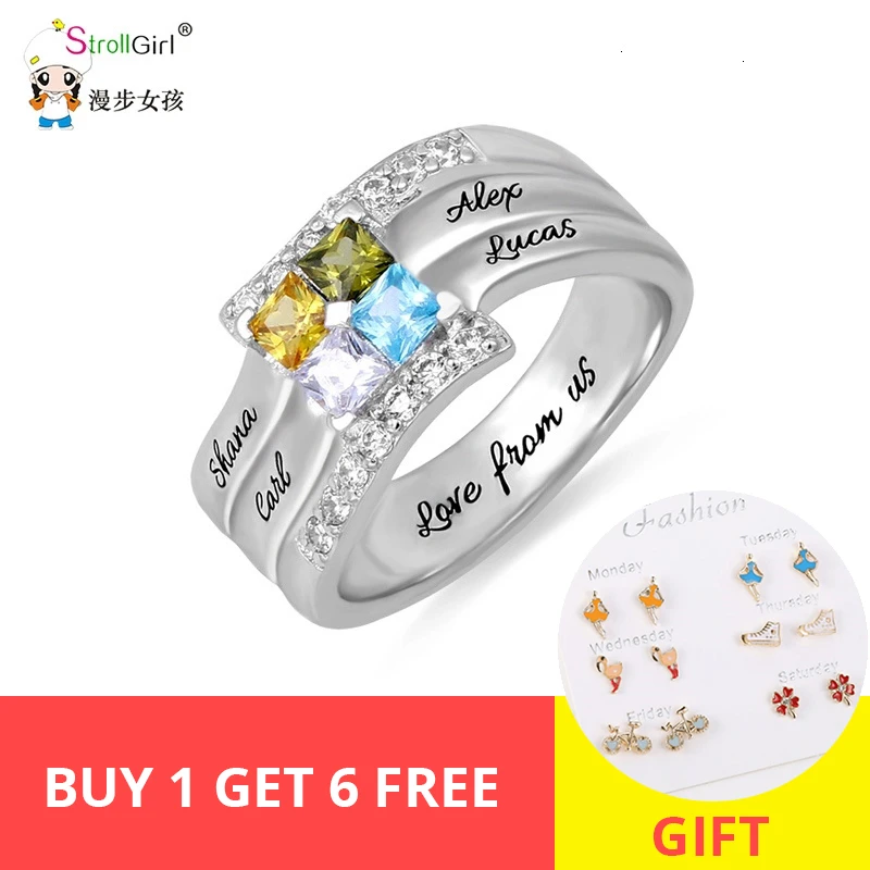

StrollGirl 925 Silver Personalized Square Cubic Zirconia Rings Engraved Family Name&Birthstone Ring Custom Special Gift For Her