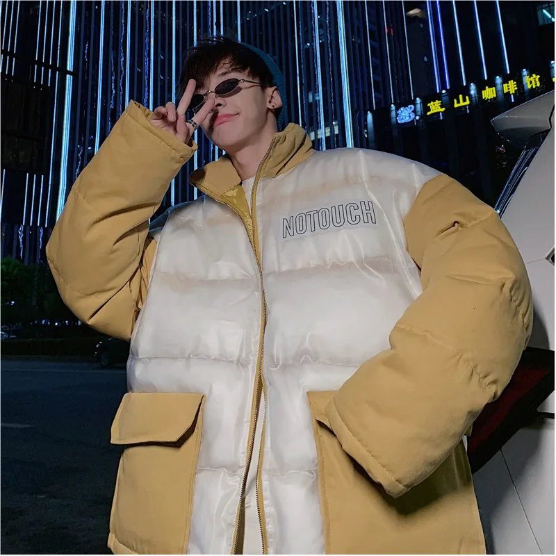 

2019 Winter New Korean Ins Transparent Fabric Color Matching Thick Collar Loose Cotton Coat Men's Jacket Black Yellow / Green