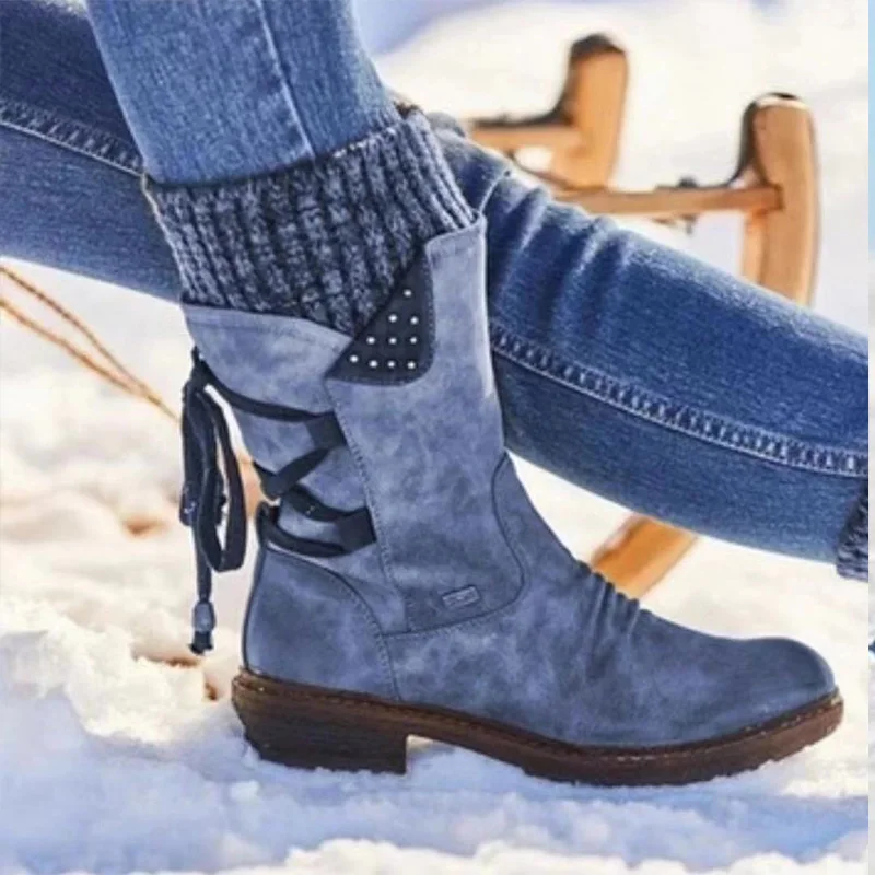 

2020 Women Winter Mid-Calf Boots Suede Vintage Shoes Ladies Fashion Snow Boots Knitting Cross Shoes Thigh High Suede Warm Botas