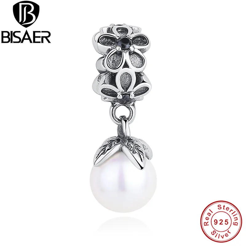 BISAER, 925 пробы, Серебряный цветок маргаритки с жемчугом, подвеска, шарм, подходит для Панов, браслеты и ожерелья, сделай сам, изготовление ювелирных изделий GOS089