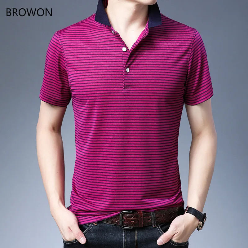

BROWON 2020 Casual Summer T Shirt Men Turn Down Color Striped Pattern Slim Fit Short Sleeve Social Tshirt for Men Clothing