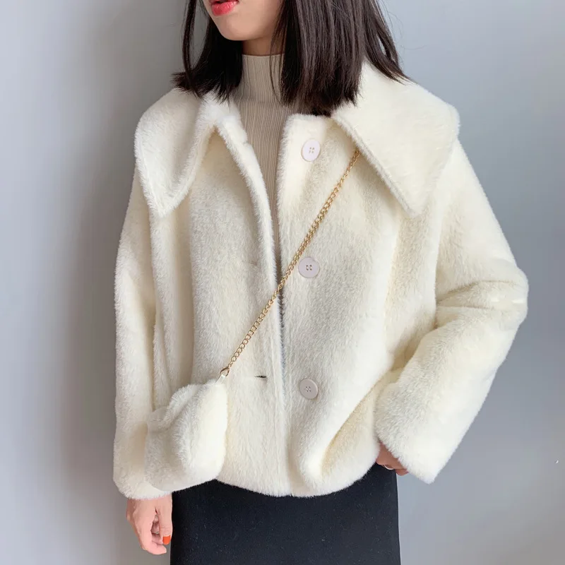 Белый winter jacket women fashion short thick coat Imitation Marten hair coat parkas warm outerwear street style with bag - Цвет: Белый