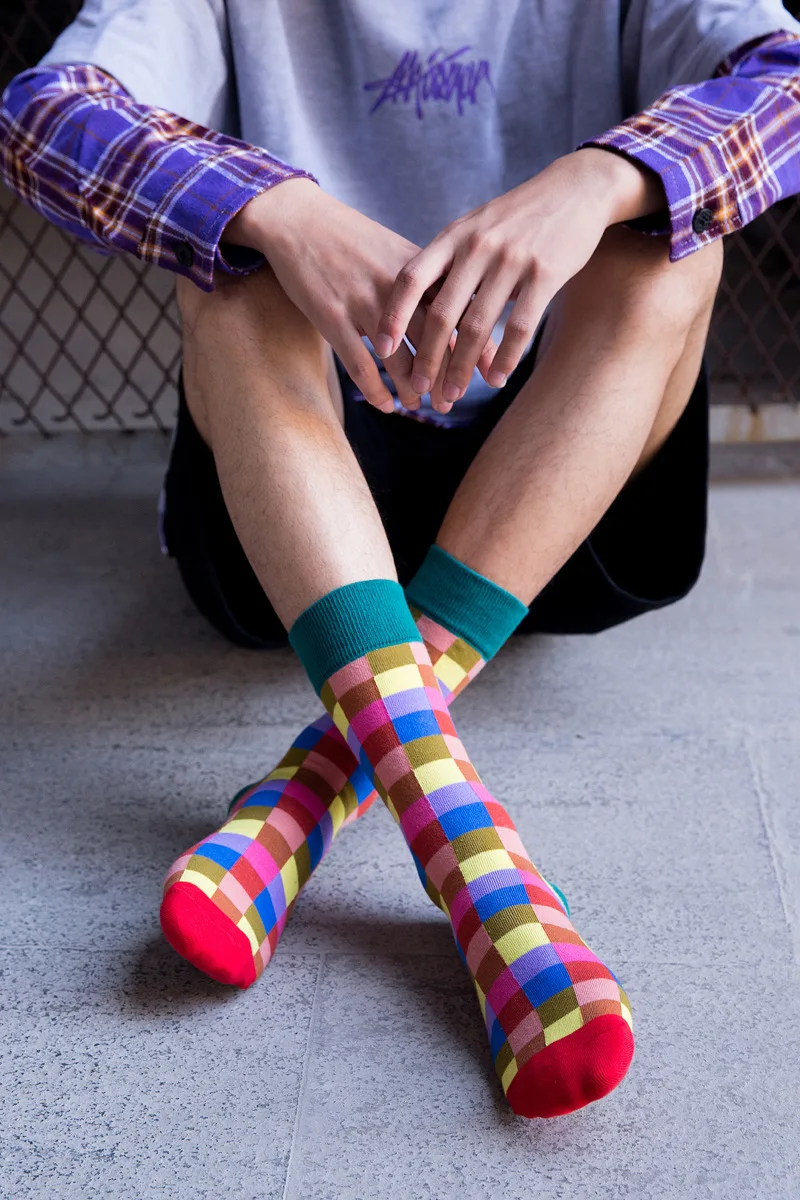 Мужские модные уличные счастливые носки хлопковые с цветной проверкой звезды и луна Таблица осенние носки мужские с сеткой подарки для мужчин 202