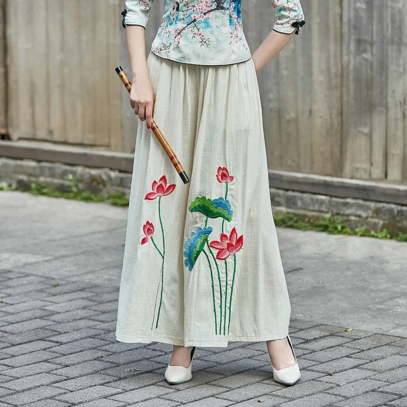 Женские комбинезоны низ, хлопковые льняные свободные штаны, традиционные штаны в китайском стиле, Pantalon Chinois, осенние элегантные штаны с цветочным принтом в виде лотоса