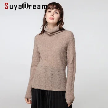 

SuyaDream Women 100%Cashmere Turtleneck Pullovers Long Sleeved Hellow Out Sweaters 2020 Fall Winter Knit Top