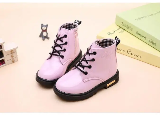 New Children Martin Boots Waterproof PU Leather Children Snow Boots Plush Kids Rubber Boots Fashion Girls Sneakers