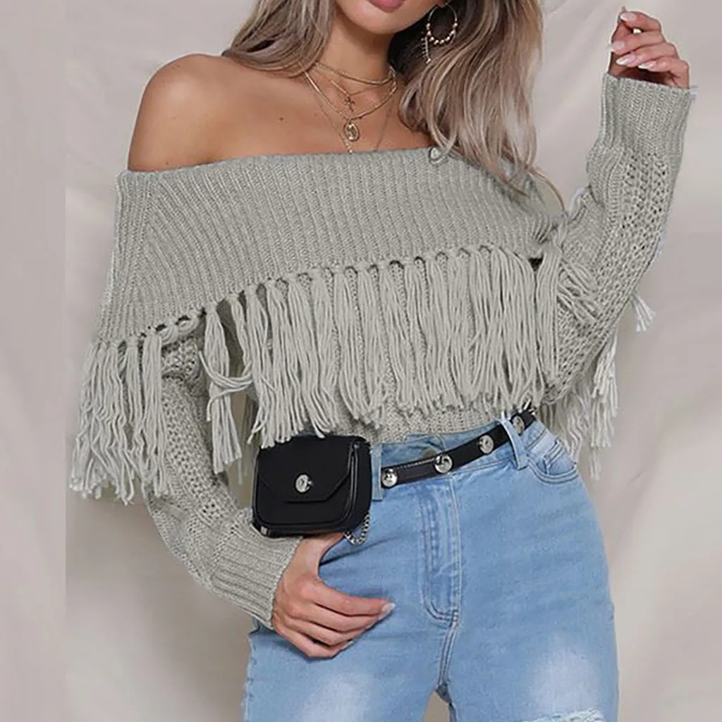Women Sexy Solid Off Sweater Shoulder Tassel Long Sleeve Loose Sweaters Blouse Tops Female Women's Winter Clothes | Женская одежда